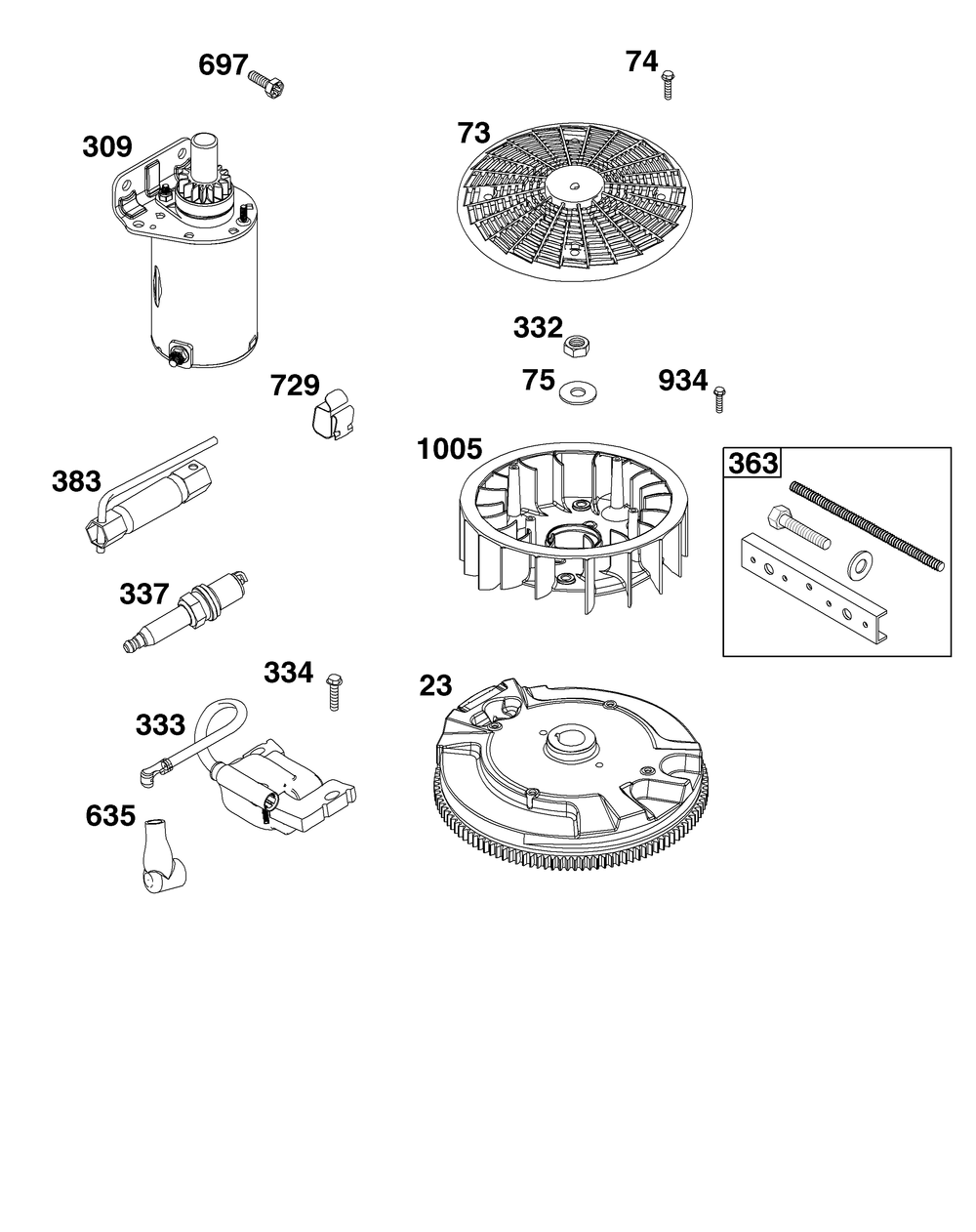 Flywheel, Ignition, And Starter Group Diagram and Parts List for 44N877-0019-G1 400000 - 699999 Briggs and Stratton Engine
